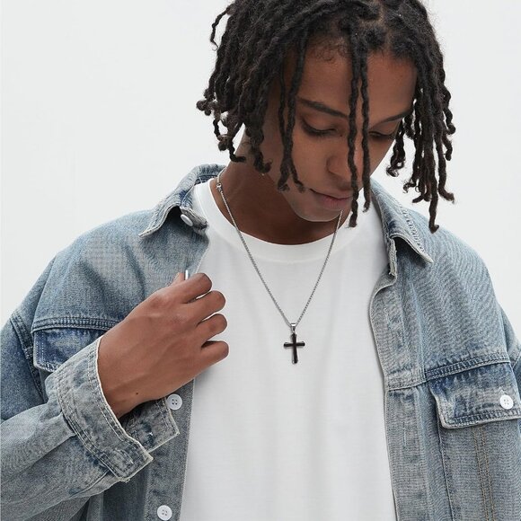 Men's 16-24 Inch Mahogany Ebony Titanium Steel Cross Box Chain Pendant - Picture 4 of 6